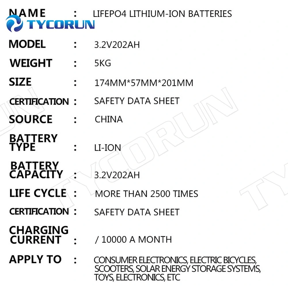 Tycorun Solar Batteries Lithium Ion LiFePO4 Battery 3.2V 200ah EV Car Lithium Battery Pack